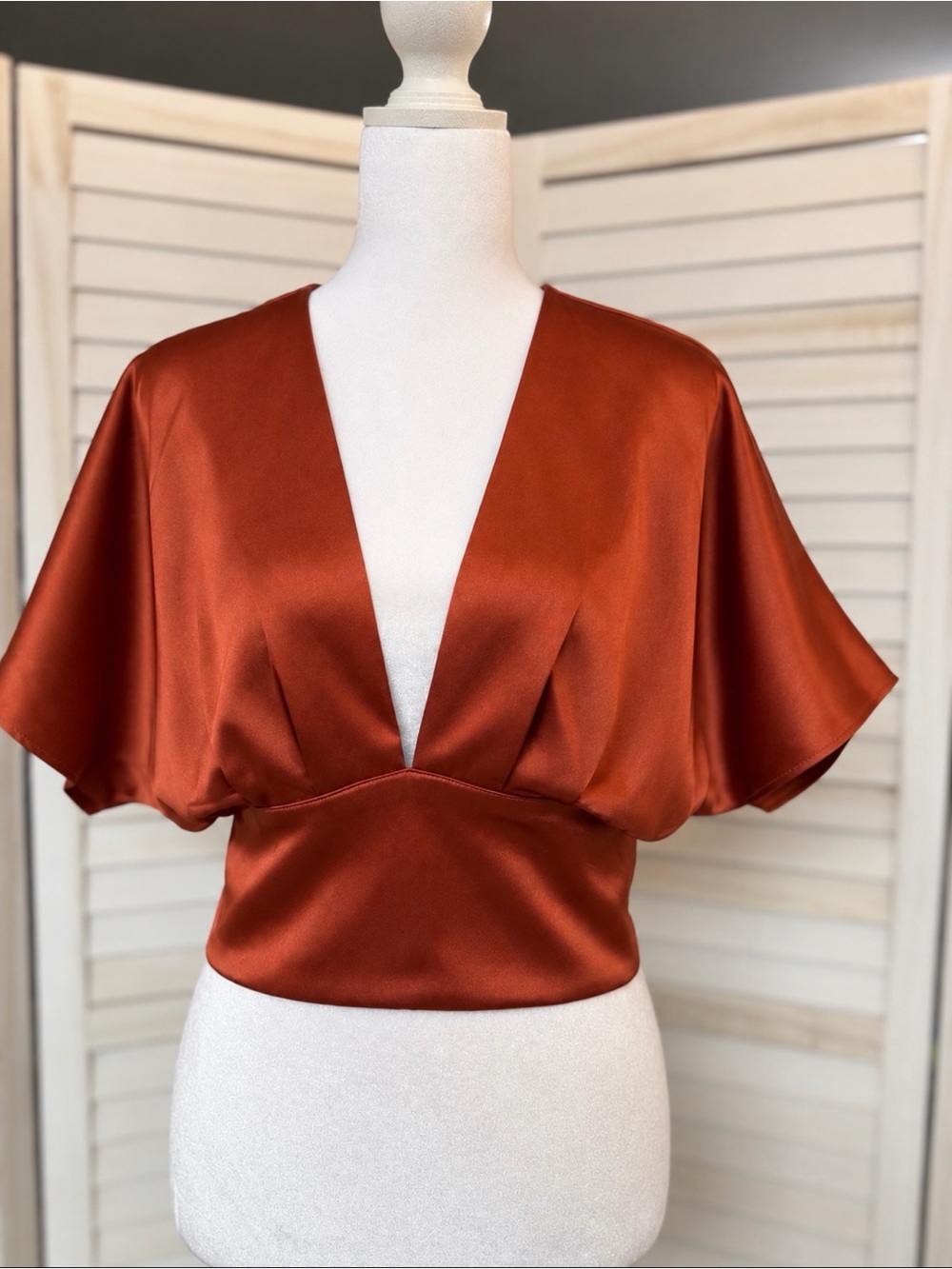 Zara Women's Rust Deep V-Neck SATIN TOP VERY SEXY BACK TIES IN BACK BOW EFFECT!!